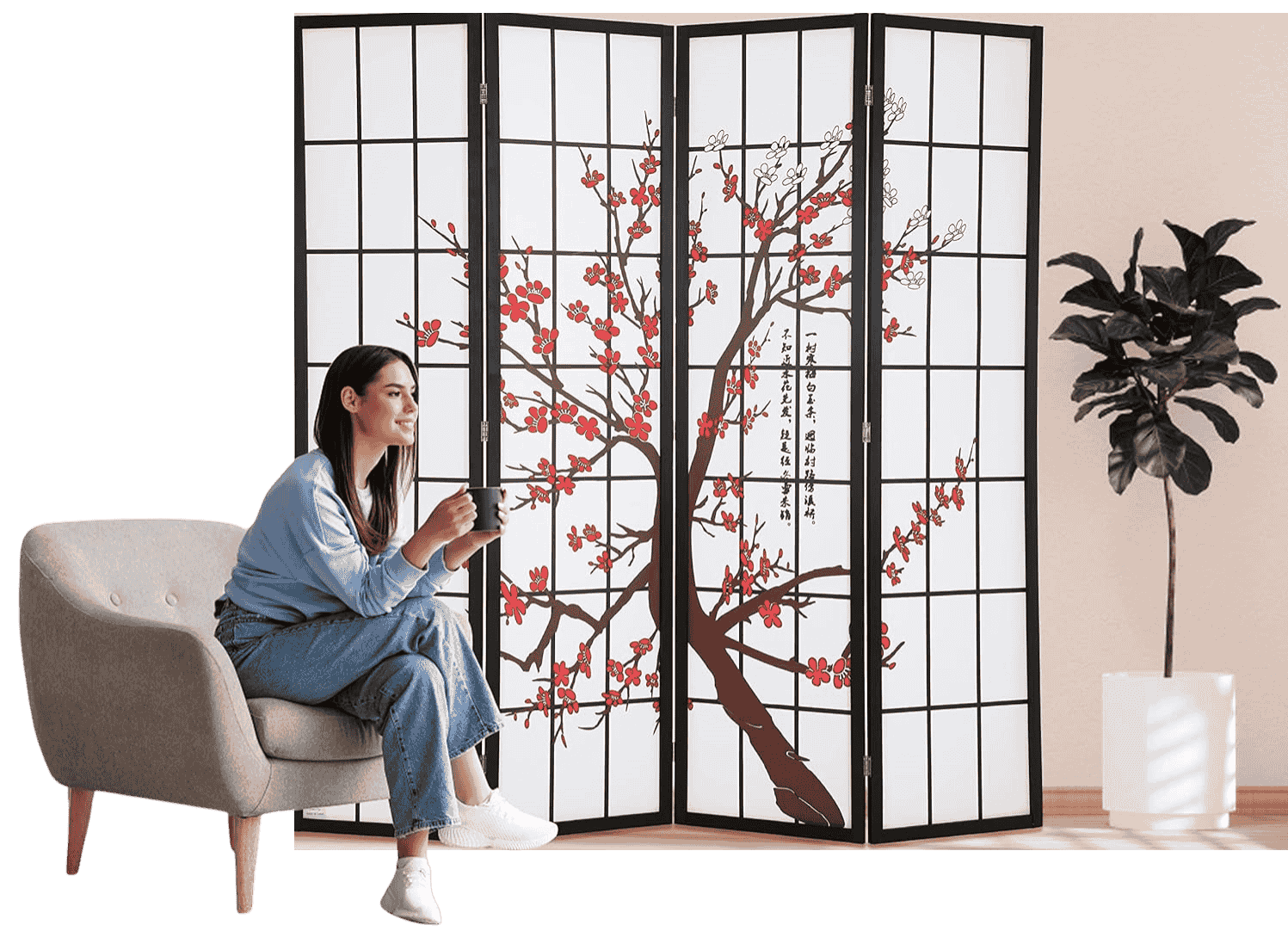 A Japanese-style folding room divider beside a seated person and indoor plant